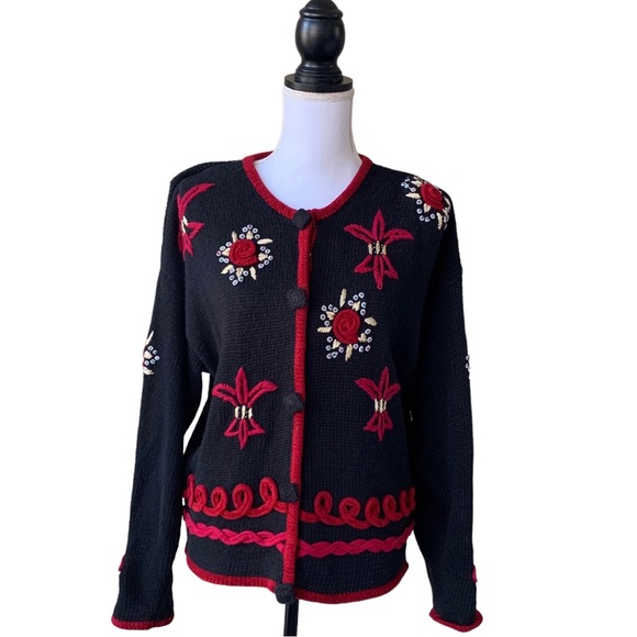 VINTAGE AMANDA SMITH EMBROIDERED EMBELLISHED FLORAL CARDIGAN SWEATER - Picture 12 of 16